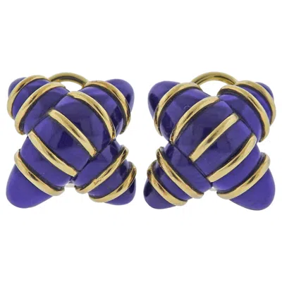 Pre-owned Angela Cummings Gold Blue Enamel X Earrings