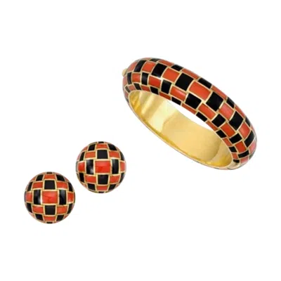 Pre-owned Angela Cummings Tiffany & Co.  Inlaid Black Jade Coral 18k Gold Bangle + Earrings In Red