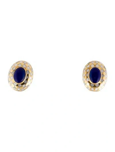 Pre-owned Angela Cummings Vintage 18k Mother Of Pearl & Lapis Lazuli Earclip Earrings In White