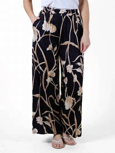 Angela Mara Allover Floral Print Pull On Pants In Black