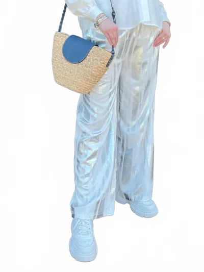 Angela Mara Foil Wide Leg Pants In White Silver In Blue