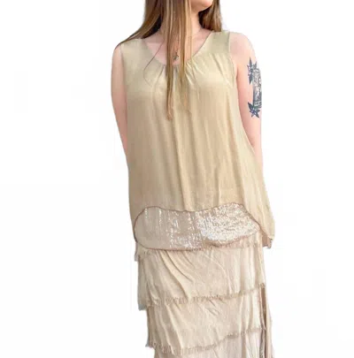 Angela Mara Sleeveless Sequin Band With Silk Camisole In Sand In Neutral