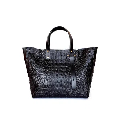 Angela Valentine Handbags Women's A-line Leather Tote Bag In Black Crocodile Embossed Leather