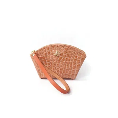 Angela Valentine Handbags Women's Yellow / Orange Peach Crocodile Embossed Leather Fan Wallet In Brown