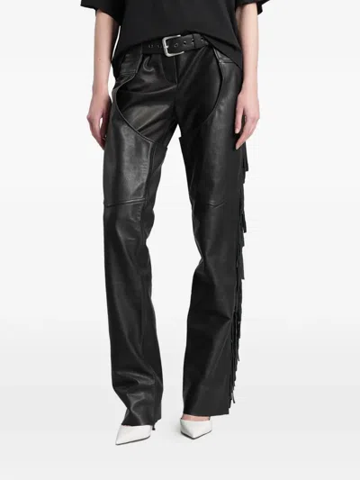 Angelica Montini Studios Fringe-trimmed Leather Trousers In Black