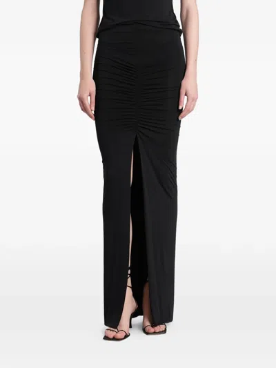 Angelica Montini Studios Lana Ruched Front-slit Maxi Skirt In Black