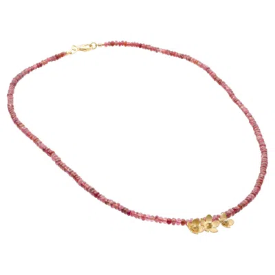 Pre-owned Angelina Fine Jewelry 18k Gold Short Necklace With Pink Spinel Beads And Gold Flower Charms