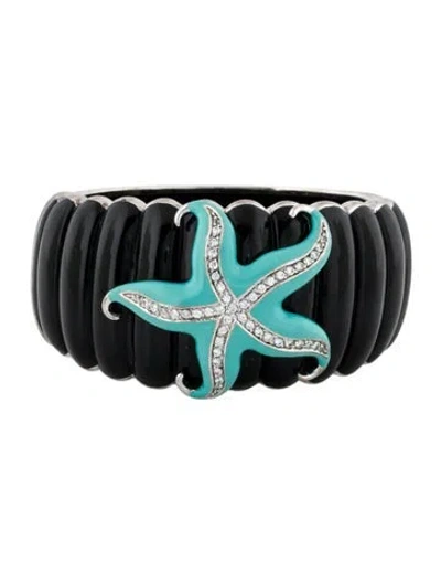 Pre-owned Angélique De Paris Enamel & Cubic Zirconia Starfish Hinged Bangle, 6.5" In Multi