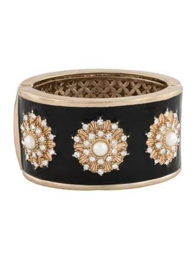 Pre-owned Angélique De Paris Enamel, Faux Pearl & Crystal Hinged Bangle Bracelet, 7" In Black