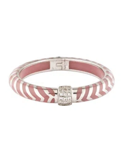 Pre-owned Angélique De Paris Resin & Topaz Chevron Hinged Bangle Bracelet, 4" In Pink