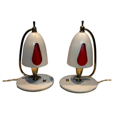 Pre-owned Angelo Lelii Angelo Lelli For Arredoluce. Pair Of Iconic Table Lamps With Double Lampshade In Brown