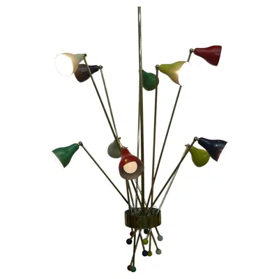 Pre-owned Angelo Lelii Arredoluce Rare 10-light Chandelier, Brass And Enamelled Steel, Circa 1952 In Black