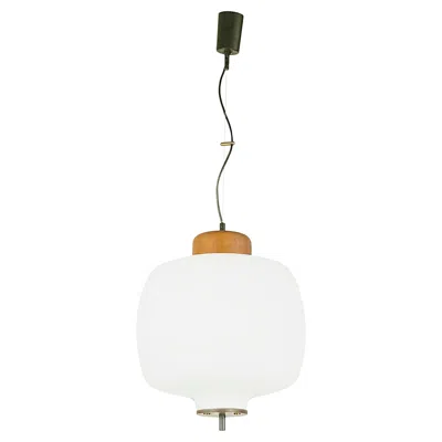 Pre-owned Angelo Lelii Opaline Glass Brass & Teak 1950s Pendant Lamp In The Style Of Arredoluce In Brown