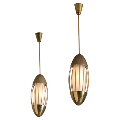 Pre-owned Angelo Lelii Pair Of Italian Brass And Opaline Glass Pendants, Spindle Form, 1950s In Brown