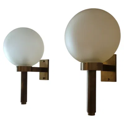 Pre-owned Angelo Lelii Set Of 2 Wall Sconces In Brass And Glass By  For Arredoluce, Italy, 1964 In Brown