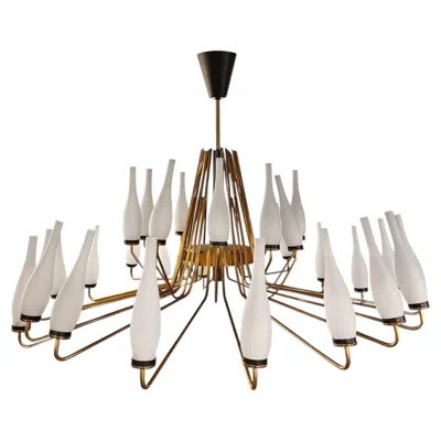 Pre-owned Angelo Lelii Thirty-arm Polished Brass And Opaline Glass Chandelier, Italy, 1957 In Sand