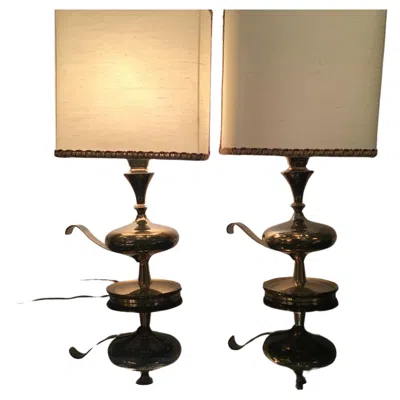 Pre-owned Angelo Lelii Pair Of Brass Table Lamps Fabric Lampshade 1950s Italy In Sand