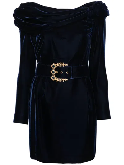 Pre-owned A.n.g.e.l.o. Vintage Cult 1980s Belted Drape-detailed Velvet Dress In 蓝色
