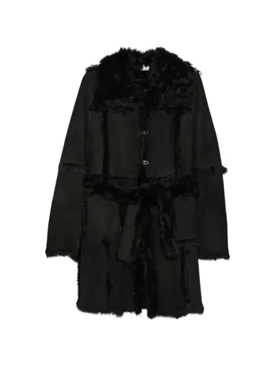 Pre-owned A.n.g.e.l.o. Vintage Cult 2000s Belted Shearling Coat In Black