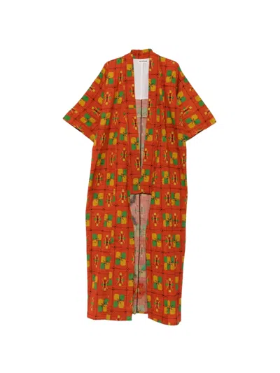 Pre-owned A.n.g.e.l.o. Vintage Upcycling Geometric-print Floral-appliqué Kimono In Orange