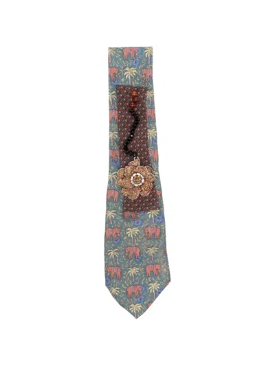 Pre-owned A.n.g.e.l.o. Vintage Upcycling X Stefania Bertoni Customised Hermés Elephant-print Embellished Tie In Blue