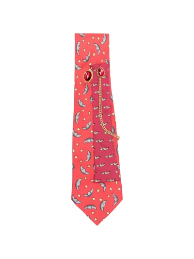 Pre-owned A.n.g.e.l.o. Vintage Upcycling X Stefania Bertoni Customised Hermés Embellished Moon-print Tie In Red
