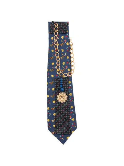 Pre-owned A.n.g.e.l.o. Vintage Upcycling X Stefania Bertoni Customised Hermés Embellished Silk Tie In Blue