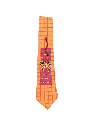 Pre-owned A.n.g.e.l.o. Vintage Upcycling X Stefania Bertoni Customised Hermés Embellished Silk Tie In Orange