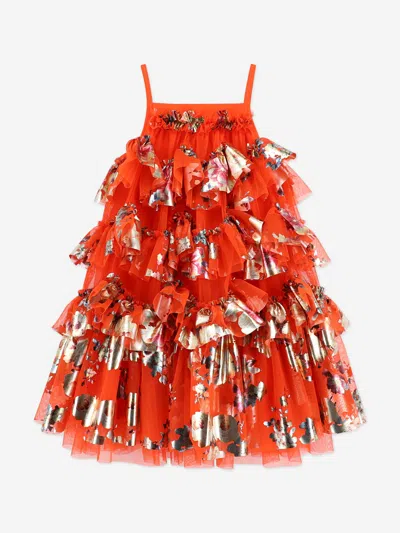 Angel's Face Babies' Angels Face Girls Remi Foil Floral Print Ruffle Dress In Orange