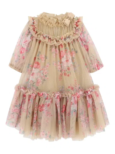 Angel's Face Kids' Glitter-embellished Floral Ruffled Dress In Nude