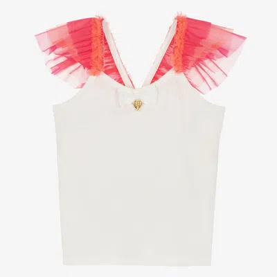 Angel's Face Teen Girls White & Pink Tulle Ruffle Top