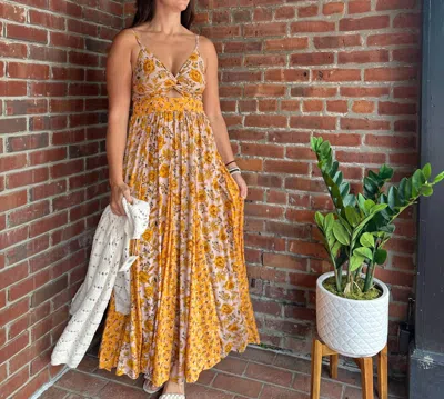 Angie Amber Twist Keyhole Maxi Dress In Mustard Floral In Yellow
