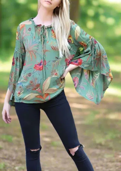 Angie Boho Bell Sleeve Top In Green