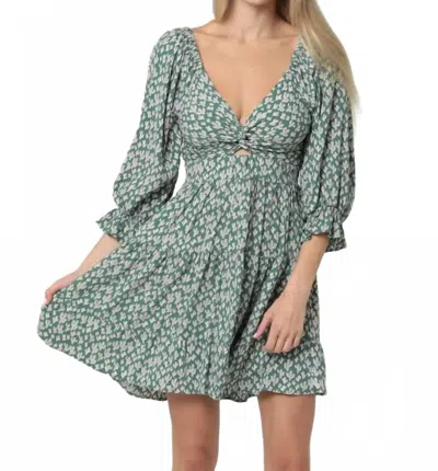 Angie Cactus Print Long Sleeve V-neck Twist Front Cut Dress In Dusty Spruce In Multi