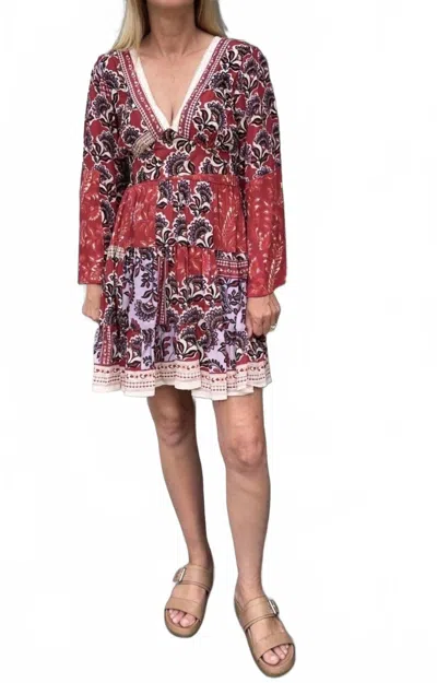 Angie Celeste V Neck Long Sleeve Dress In Red In Multi