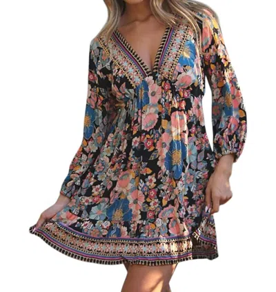 Angie Darcy Floral Print Long Sleeve Mini Dress In Black-multi