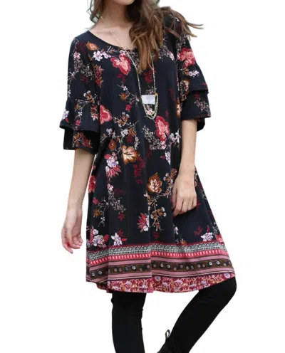 Angie Floral Double Ruffle Sleeve Dress In Black