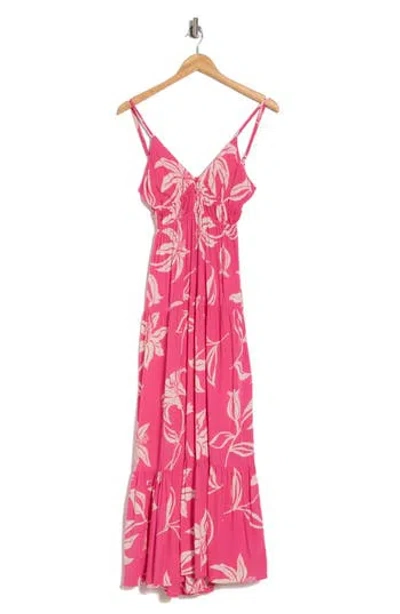 Angie Floral Print Sleeveless Tiered Maxi Dress In Fuchsia