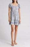Angie Floral Print Square Neck Puff Sleeve Dress In Blue/ivory