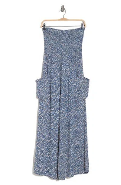 Angie Floral Strapless Smocked Jumpsuit In Dark Waters