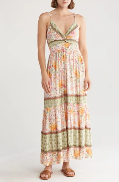 Angie Floral Twist Front Maxi Dress In Cream-pink