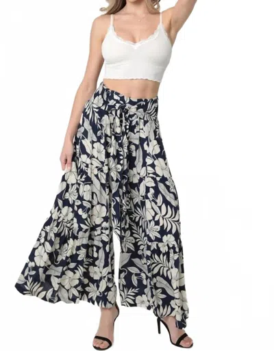 Angie Floral Wide Leg With Waist Tie Pants In Blue/tan In Black
