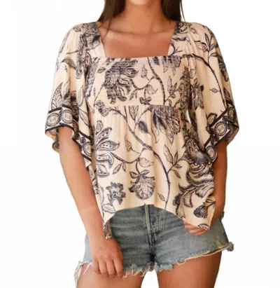 Angie Laurel Flutter Sleeves Top In Ivory And Black In Brown