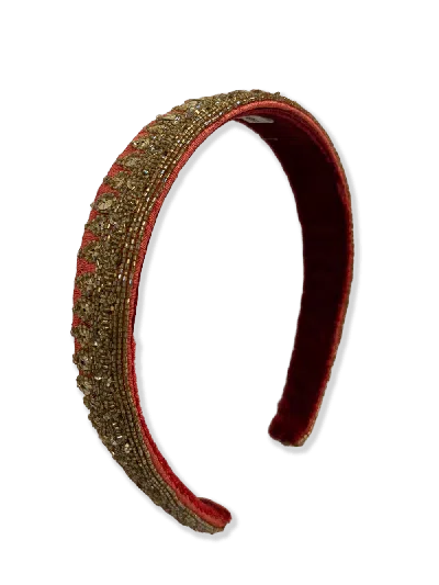 Angie Power Women's Headband - Vintage Indian Beading Pink & Gold In Multi