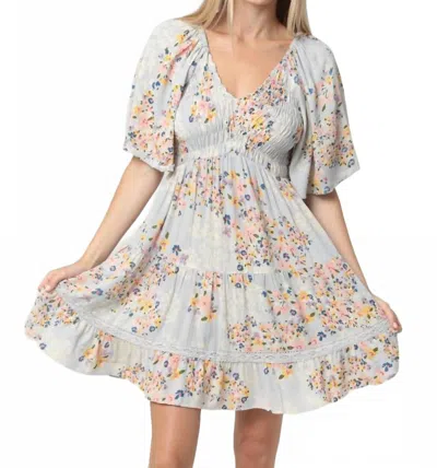 Angie Smocked Bodice V Neck Lace Trim Short Sleeve Dress In Blue Multi