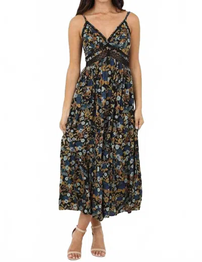 Angie V Neck Lace Trim Maxi Dress In Blue In Black