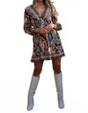 Angie V Neck Long Sleeve Dress In Multicolor In Black