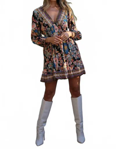 Angie V Neck Long Sleeve Dress In Multicolor In Black