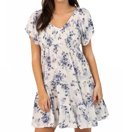 Angie V Neck Smocked Bust Short Sleeve Floral Print Dress In Ivory Multi In White