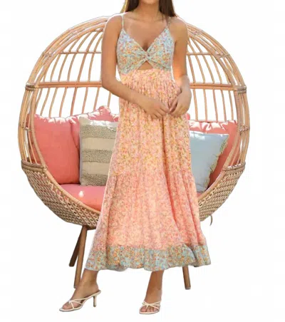 Angie V-neck Twist Front Maxi Dress In Light Blue/coral In Multi